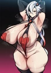 ai_generated genshin_impact arlecchino_(genshin_impact) big_breasts practically_nude armpits white_hair pussy nipples unrealistic_proportions arms_up