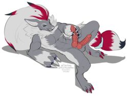 2021 alpha_channel anthro digital_media_(artwork) fan_character fur grey_body grey_fur kittydee male nintendo nude pokémon_(species) pokemon pokemon_(species) simple_background smile transparent_background video_games zoroark