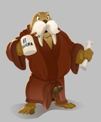 anthro balls bathrobe clothed clothing coffee_mug erection facial_hair genitals hi_res male mammal marine misterstallion morning_wood moustache partial_nudity penis pinniped robe simple_background solo tusks walrus