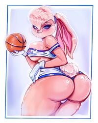 1girls anthro ass basketball basketball_uniform big_ass blonde_female blonde_hair blue_eyes breasts bunny_ears bunny_tail clothed female female_only furry gloves large_breasts lola_bunny looking_at_viewer looking_back looney_tunes off_shoulder revealing_clothes shorts sideboob smile solo space_jam theartofmathew underboob