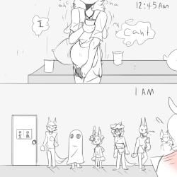 ambiguous_gender angel_(paddle-boat) anthro bathroom_denial beverage bladder_bulge blush blush_lines bodily_fluids clothing costume cross cross_necklace deer dialogue digital_drawing_(artwork) digital_media_(artwork) english_description english_text genital_fluids ghost_costume group halloween hand_on_crotch hi_res holidays jewelry leaking_urine male male_(lore) mammal necklace omorashi overalls paddle-boat queue restricted_palette solo speech_bubble standing text time urine