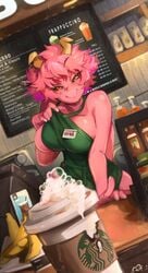 1girls acid apron black_sclera blush breast_milk breasts female horns huge_breasts iced_latte_with_breast_milk khyleri large_breasts looking_at_viewer meme mina_ashido my_hero_academia naked_apron overflowing_breasts pink_hair pink_skin short_hair smile solo starbucks wide_hips yellow_eyes