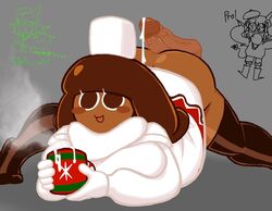 anthro big_breasts brown_hair buttjob chubby cocoa_cookie cookie_run cum dark_skin disembodied_penis holding_object jack-o_pose mug scarf sweater tagme thighhighs trophimos