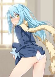 ass blue_hair blush panties partially_clothed rimuru_tempest tensei_shitara_slime_datta_ken thighs white_panties yellow_eyes yuto