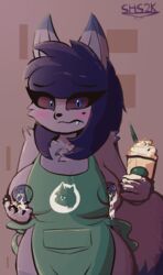 anthro anthro_only big_breasts blue_eyes blue_fur blue_hair blush breasts coffee cum cute digital_drawing_(artwork) digital_media_(artwork) female female_focus female_only fur furry furry_only gray_body gray_fur iced_latte_with_breast_milk lactation meme milk nila_(superhypersonic2000) starbucks superhypersonic2000 thick_thighs wolf wolf_ears wolf_tail