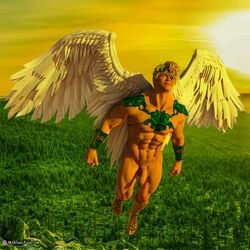 3d 3d_(artwork) abs bara blonde_hair bracers cupid deity erect_nipples eros feathered_wings flaccid flying forest_background gay large_penis male male_focus male_only msangelfood muscles open_toe_shoes pecs realistic superhero