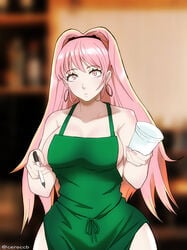 1girls apron apron_only bare_shoulders breasts ceroccb cup curvy earrings fire_emblem fire_emblem:_three_houses hairband highres hilda_valentine_goneril holding holding_cup holding_pen hoop_earrings iced_latte_with_breast_milk jewelry large_breasts long_hair looking_at_viewer meme nail_polish naked_apron nintendo pen pink_eyes pink_hair pink_nails ponytail shocked shoulders sideboob solo stunned_silence surprised textless thick_thighs thighs very_long_hair wide_hips