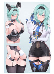 1girls 2021 absurdres animal_ears ass ass_grab bangs bare_shoulders black_hairband blue_hair blue_neckwear blueleviathan15 blush border bow bowtie breasts cleavage detached_collar eula_(genshin_impact) fake_animal_ears female female female_focus female_only genshin_impact gloves hair_ornament hairband headband highres large_breasts leotard long_sleeves looking_at_viewer medium_hair multiple_images multiple_scenes multiple_views necktie playboy_bunny rabbit_ears rabbit_tail riba solo solo_female solo_focus strapless strapless_leotard tail thighhighs thighs wrist_cuffs