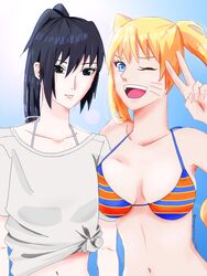 2girls artist_request big_breasts bikini bikini_top black_eyes blonde_hair blue_eyes blue_hair boruto:_naruto_next_generations breasts cleavage clothed clothed_female clothes clothing female female_focus female_only fully_clothed gender_transformation genderswap genderswap_(mtf) large_breasts light-skinned_female light_skin long_hair naruko naruto naruto_shippuden one_eye_closed open_mouth pale-skinned_female pale_skin peace_sign pinup ponytail pose posing rule_63 sasuke_uchiha sasuko sexy_no_jutsu shounen_jump smile smiling standing striped_bikini swimsuit tied_hair twintails uzumaki_naruto v whisker_markings whiskers wink