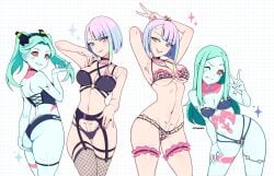 2girls ;p absurdres animal_print arm_up armpits artificial_eye ass ass_support black_bra black_choker black_corset black_garter_belt black_panties blonde_hair blue_hair bra breasts choker colored_sclera colored_skin commentary corset cremanata criss-cross_halter cyberpunk_2077 cyborg english_commentary eyeliner female female_only fishnet_thighhighs fishnets frilled_thigh_strap garter_belt green_hair grin halterneck hand_on_own_thigh hand_up heart highleg highleg_panties highres large_breasts leaning_forward leg_tattoo leopard_print leopard_print_panties long_hair looking_at_viewer lucyna_kushinada makeup medium_breasts multi-strapped_panties multicolored_hair multiple_females multiple_girls multiple_views navel neck_tattoo one_eye_closed orange_eyes panties pink_tattoo purple_eyes purple_hair rebecca_(edgerunners) red_pupils red_sclera short_hair smile standing stomach_tattoo tattoo thigh_strap thighhighs tongue tongue_out twintails twitter_username underwear underwear_only v w