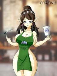 1girls apron brown_eyes brown_hair clothed clothed_female earrings elf elf_ears female female_only goatink iced_latte_with_breast_milk large_breasts meme no_bra no_panties paladins pointy_ears solo wide_hips ying_(paladins)