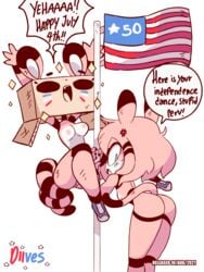 2girls 3:4 4th_of_july american_flag animated anthro anthro_only ass big_butt blue_eyes blush breasts dialogue diives duo english_text felid female female_only flag fur furry furry_only genitals hi_res looking_at_viewer looking_back mammal nipples nude pantherine petite pole profanity pussy short_playtime skinny small_breasts stripper_pole tail talking_to_viewer text tiger xigua xigua_(diives) xingzuo_temple zhongzi_(diives)