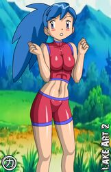 alluring athletic athletic_female blue_eyes blue_hair blush female female_abs female_focus fit_female gym_shorts kageta lake_art lavender_eyes outdoors outside pokemon pokemon_(anime) pokemon_rse sakaki_(artist) shauna_(pokemon_rs) solo sports_bra toned_female voluptuous zage_inc