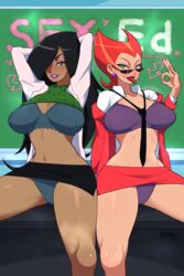 2girls armpits bdrd big_breasts black_hair bra danny_phantom dark-skinned_female desiree green_eyes lipstick looking_over_eyewear looking_over_glasses looking_over_sunglasses nickelodeon penelope_spectra purple_lipstick red_hair sex_ed sex_education sunglasses teacher tinted_eyewear