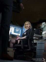 1boy 1girls 3d blonde_hair female female_focus female_masturbation going_commando grace_ashcroft grace_ashcroft_(fbi_outfit) junkerz male masturbation miniskirt nathan_dempsy no_panties office office_lady resident_evil resident_evil_9:_requiem skirt tagme