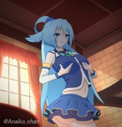 anaiko animated aqua_(konosuba) aqua_eyes aqua_hair ass blush breast_grab breasts female female_focus fondling_breast grabbing kono_subarashii_sekai_ni_shukufuku_wo! long_hair looking_at_viewer medium_breasts self_fondle self_grope skirt smile solo