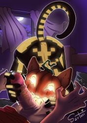 absurd_res anthro ass ass_up big_butt bodily_fluids domestic_cat duo empty_eyes epic_games felid feline felis female first_person_view food for_a_head fortnite fruit genital_fluids genitals glowing glowing_eyes hi_res human jack-o'-lantern licking looking_at_viewer louise_sartori male male/female mammal object_head oral penile penis penis_lick plant precum pumpkin sex skeleton_costume spice_(fortnite) tan_body tan_skin thick_thighs tongue wide_hips yellow_eyes yellow_tongue