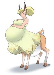 1girls big_breasts breasts centaur cleavage deer_taur erect_nipples female female_only huge_belly large_breasts marrazan nipple_bulge pregnant ready_to_pop solo taur