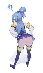 1girls ? aqua_(konosuba) ass bent_over big_ass blue_eyes blue_hair boots female full_body hand_on_hip heel_boots high_heel_boots hks_(timbougami) kono_subarashii_sekai_ni_shukufuku_wo! looking_back miniskirt no_panties oblivious shadow skirt solo solo_female solo_focus standing thigh_boots