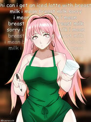 1girls apron apron_only bare_shoulders breasts ceroccb cup curvy earrings english_text fire_emblem fire_emblem:_three_houses hairband highres hilda_valentine_goneril holding holding_cup holding_pen hoop_earrings iced_latte_with_breast_milk jewelry large_breasts long_hair looking_at_viewer meme nail_polish naked_apron nintendo pen pink_eyes pink_hair pink_nails ponytail shocked shoulders sideboob solo stunned_silence surprised text thick_thighs thighs very_long_hair wall_of_text wide_hips