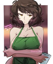 1girls apron apron_only atlus big_breasts breasts brown_eyes brown_hair collarbone crossed_arms dialogue eyebrows eyebrows_visible_through_hair female female_focus female_only glass haysey_draws hips iced_latte_with_breast_milk meme naked_apron nipples nipples_visible_through_clothing no_bra nude_female pen persona persona_5 sadayo_kawakami short_hair sideboob sweat waitress_uniform wide_hips