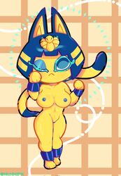 2021 :< animal_crossing ankha anthro big_breasts blue_eyes blue_hair bob_cut breasts domestic_cat egyptian felid feline felis female fur furry genitals hair hi_res ittziofficial mammal navel nichinsfw nintendo nipples one_eye_closed pussy signature simple_background solo striped_tail stripes uraeus video_games yellow_body yellow_fur