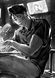 1boy bar black_and_white black_eyes black_hair drinking drunk haikyuu!! male_only matsukawa_issei