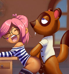 anal animal_crossing animal_crossing_girl anthro bent_over blue_eyes bodily_fluids canid canine closed_eyes detailed_background drooling duo elbow_on_butt eyewear female female_on_anthro furry genitals glasses human human_on_anthro human_on_male interspecies lorenzobrezo male mammal motion_lines narrowed_eyes nintendo orgasm orgasm_face pants_down pattern_clothing pattern_shirt pattern_topwear penis_in_ass pink_hair ponytail raccoon_dog saliva sex shirt standing standing_sex straight striped_clothing striped_shirt striped_topwear stripes sweat tanuki testicles tom_nook topwear villager_(animal_crossing)