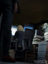 1boy 1girls 3d blonde_hair female female_focus female_masturbation going_commando grace_ashcroft grace_ashcroft_(fbi_outfit) junkerz male masturbation miniskirt nathan_dempsy no_panties office office_lady resident_evil resident_evil_9:_requiem skirt tagme