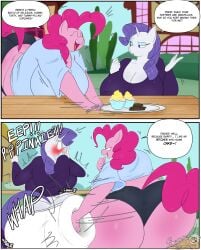 masterj291 friendship_is_magic hasbro my_little_pony mythology pinkie_pie_(mlp) rarity_(mlp) earth_pony equid equine horse mammal mythological_creature mythological_equine pony unicorn 2026 comic english_text hi_res 2_panel_comic anthro assertive_female big_breasts big_butt blush bottomwear breasts butt butt_cleavage butt_jiggle butt_slap butt_smack cleavage clothed clothing cupcake detailed_background dialogue duo female female/female food hair horn huge_breasts huge_butt hyper hyper_butt jiggling overweight overweight_female pink_body pink_hair profanity purple_hair shocked shorts slap spanking speech_bubble text thick_thighs white_body big_ass huge_ass fat_ass ass_cleavage ass_eating_shorts ass_smack ass_jiggle lesbian furry furry_only