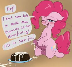 balls bedroom cake cum cum_on_food cumcake cumming dialogue dripping dripping_cum earth english_text femboy feral food food_play futanari genderswap_(ftm) heart horsecock kneeling looking_at_viewer masturbation my_little_pony nude open_mouth penis pinkie_pie_(mlp) pony rule_63 simple_background solo speech_bubble t72b text wink