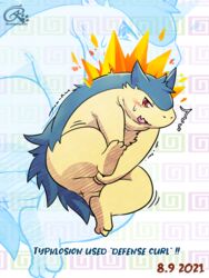 3:4 3_toes anus barefoot blush bodily_fluids curled_up embarrassed english_text feet fire male nintendo pokemon pokemon_(species) red_eyes risenpaw shaking simple_background slightly_chubby sweat sweatdrop tears text toes tongue trembling typhlosion video_games x_anus