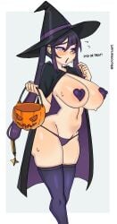 1girls areola_slip big_breasts blush cape embarrassed female female_only genshin_impact halloween heart_pasties hi_res holidays kuromaruart long_hair looking_away mona_(genshin_impact) narrowed_eyes nipple_bulge nipple_pasties pasties purple_hair solo stockings thick_thighs thong witch witch_costume witch_hat