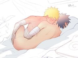 2021 2boys amputee armwear ass bandaged_arm bandages black_hair blush closed_eyes cuddling dated duo duo_focus kissing kissing_chest leg_lock long_hair lying lying_on_side male male/male male_only male_with_male mbyak missing_arm naked naruto naruto_(series) naruto_shippuden on_bed romantic sasuke_uchiha short_hair spiky_hair under_covers uzumaki_naruto yaoi yellow_hair