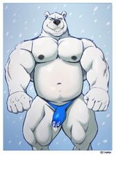 1boy 2021 5_fingers anthro big_muscles black_nipples black_nose blue_eyes bodily_fluids body_fur bulge clothed clothing eyebrows fingers flexing fur genital_fluids genital_outline grin hi_res humanoid_hands looking_at_viewer male male_nipples male_only male_thong mammal masculine mature_male musclegut muscular muscular_anthro muscular_male nipples overweight overweight_male penis_outline polar_bear precum precum_drip smile smooth_fur snow solo standing taoren thick_eyebrows thong topless underwear underwear_only ursid ursine white_body white_fur