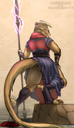 2021 4_ears 4_horns anthro anus ass blackrabbit-13 brown_hair charr claws clothed clothing dewclaw digitigrade eyewear felid female fur genitals glasses guild_wars hair hi_res horn looking_at_viewer looking_back looking_back_at_viewer low-angle_view mammal multi_ear multi_horn no_underwear pussy simple_background smile solo staff tan_background tan_body tan_fur topwear upskirt vest video_games