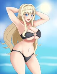 1girls armpits arms_behind_head big_breasts bikini blonde_hair busty cleavage dolphin_wave kirahoshi_kanna legs long_hair looking_at_viewer navel open_mouth pose posing smile thighs voluptuous