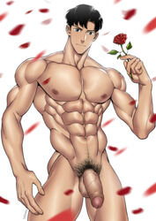 1boy abs bishoujo_senshi_sailor_moon black_hair completely_nude flower genitals looking_at_viewer male male_focus male_only mamoru_chiba muscular muscular_male nude nude_male pecs penis pubic_hair rose_(flower) rose_petals smooth_skin solo solo_focus solo_male standing suyohara tuxedo_mask uncensored vein veiny_penis