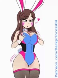 1girls animated black_eyes breast_squeeze breasts brown_hair bunny_ears cleavage clothed d.va darkprincess04 facial_markings female female_only hands_on_own_breasts large_breasts leotard long_hair looking_at_own_breasts open_mouth overwatch plain_background pressing_breasts_together self_fondle solo thick_thighs thighhighs wide_hips