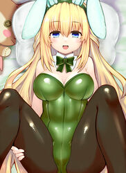 1girls ajitarou_(setsu) big_breasts blue_eyes breasts bunny_ears bunny_girl bunnysuit color cpu_(neptunia) female female_only goddess large_breasts legs_spread leotard long_hair looking_at_viewer lying_on_bed mouth_open neptunia_(series) open_mouth pantyhose playboy_bunny smile solo spread_legs vert