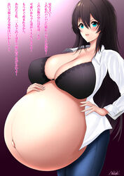 big_belly big_breasts black_bra blue_eyes bra brown_hair cleavage dark_hair female female_only hand_on_belly hand_on_hip huge_belly huge_breasts hyper hyper_belly hyper_pregnancy japanese_text linea_nigra long_hair looking_at_viewer natsuki_(artist) open_shirt original pregnant ready_to_pop solo