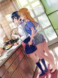 2girls apron bare_legs barefoot big_breasts black_hair blonde_hair blouse breast_press chin_length_hair chopsticks cooking couple female female_only fried_egg kitchen long_hair midriff pleated_skirt sausage school_uniform shorts skirt small_breasts socks sweat sweatdrop takeuchi_aya wholesome yuri