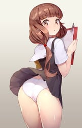 1girls absurd_res blush brown_eyes brown_hair clipboard clothes_lift collared_dress coon_(artist) dress dress_lift exposed_thighs eyebrows_visible_through_hair from_behind fully_clothed hi_res highres iino_miko kaguya-sama_wa_kokurasetai_~tensai-tachi_no_renai_zunousen~ looking_at_viewer looking_back low_twintails panties pinup shuuchiin_academy_uniform skirt solo twintails upskirt white_panties wind_lift