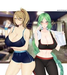 2021 2girls alternate_breast_size arm_under_breasts ass bare_midriff bare_thighs blonde_hair blue_eyes blush booty_shorts bottle breasts cleavage covered_nipples crossover cryptid_crab female_only green_hair gym huge_breasts kid_icarus long_hair looking_at_viewer metroid midriff multiple_girls nintendo nipple_bulge palutena ponytail samus_aran shorts spilling sports_bra super_smash_bros. sweat tank_top thick_thighs thighs towel water wet workout yoga_pants zipper