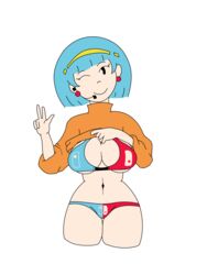 1girls ;) amelia_n. big_breasts blue_hair bra breasts clothing earrings female female_only light-skinned_female light_skin looking_at_viewer mob_face panties peace_sign short_hair simple_background smile solo_female sweater v white_background wink