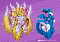 2021 2girls alanscampos anal anthro areolae ass breasts digimon digimon_(species) exveemon female highres kyubimon multiple_girls patreon peace_sign pussy tail wide_hips