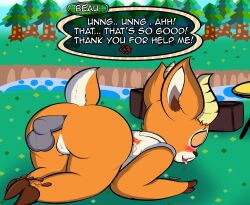 ahe_gao ahegao anal anal_sex animal_crossing antelope anthro anus ass ass_up beau_(animal_crossing) bovid closed_eyes clothed clothing deer doggy_style duo english_text fur furry genitals girly hi_res hooves horn jhussethy looking_pleasured lying male male/male mammal nintendo on_ground on_knees orange_body orange_fur outdoors outside penetration penis public_sex sex text tongue_out