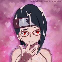 1girls after_sex alternate_breast_size big_breasts black_hair boruto:_naruto_next_generations breasts cleavage colored_nails cum cum_on_ass cum_on_body cum_on_breasts cum_on_face cum_on_hand cumdrip excessive_cum female female_only finger_in_mouth forehead_protector glasses headband looking_at_viewer nail_polish naruto naruto_(series) nightmare_hdraw red_eyes sarada_uchiha sharingan solo solo_focus tasting tasting_cum upper_body