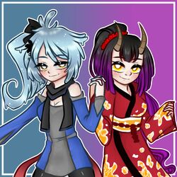 2girls black_hair blue_hair cleavage detached_sleeves gradient_background gradient_hair hand_in_hair holding_hands hybrid kimono leggings limis looking_at_viewer makira_(xyzexal) monster_girl oni oni_horns purple_highlights red_hairband scarf slime_girl smiling smiling_at_viewer usagibaka yellow_eyes