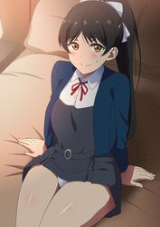 black_hair bow hara_(harayutaka) hazuki_ren looking_at_viewer love_live! love_live!_superstar!! panties ponytail school_uniform schoolgirl sitting_on_bed thick_thighs thighs waiting white_bow white_panties yellow_eyes